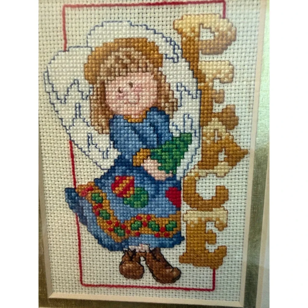 Vintage Handmade Cross Stitch Christmas Angel Peace needlepoint wood 6.5 x 8.5